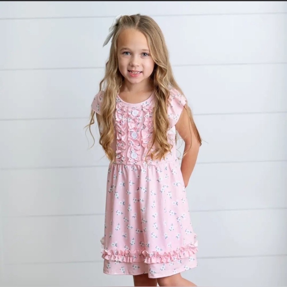 Adorable Sweetness Pink Blush Dainty Flower Button Ruffle Spring Dress Sz 10/12 - Picture 2 of 5